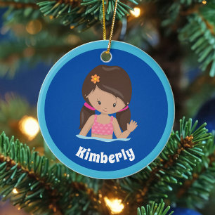 Ornamento De Cerâmica Festa de Natal da Natação de Meninas Personalizada