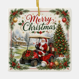 Ornamento De Cerâmica Festa de Natal de golfe no par com Papai Noel