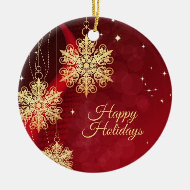 Ornamento De Cerâmica Festa de Natal Gift Red Ouro Flocos de Neve Feriad (Frente)