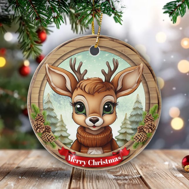 Ornamento De Cerâmica Festa do Renas Natalino Rústico 🎄🦌 (Customizable Festive Rustic Pinecone Wooden Frame Holiday Reindeer Christmas Ceramic Ornament 🦌🎄)