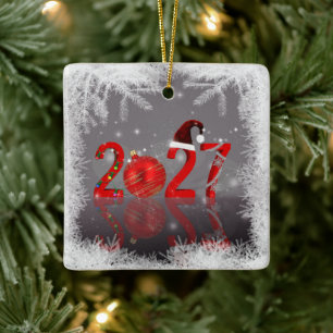 Ornamento De Cerâmica Festa Vermelha Feliz Natal Ano Novo 2027