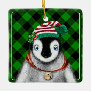 Ornamento De Cerâmica Festas festivas bonitas xadrez verde pinguim