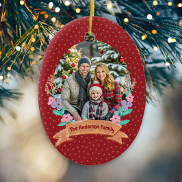 Ornamento De Cerâmica Festiva Floral Wreath Christmas Red Photo