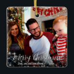 Ornamento De Cerâmica Festivas Stars Feliz Natal Feriado<br><div class="desc">Este ornamento festivo mostra sua foto cercada por estrelas cintilantes. A legenda diz Feliz Natal em uma elegante letra de roteiro. Há espaço para o seu nome e o ano. Maravilhoso como uma recordação ou um período de férias. Bonita, na moda, caprichosa e divertida. O design é o mesmo na...</div>