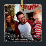 Ornamento De Cerâmica Festivas Stars Feliz Natal Feriado<br><div class="desc">Este ornamento festivo mostra sua foto cercada por estrelas cintilantes. A legenda diz Feliz Natal em uma elegante letra de roteiro. Há espaço para o seu nome e o ano. Maravilhoso como uma recordação ou um período de férias. Bonita, na moda, caprichosa e divertida. O design é o mesmo na...</div>