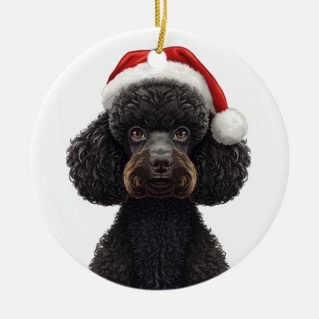 Ornamento De Cerâmica Festive Black Poodle Dog in Santa Hat Illustration (Frente)