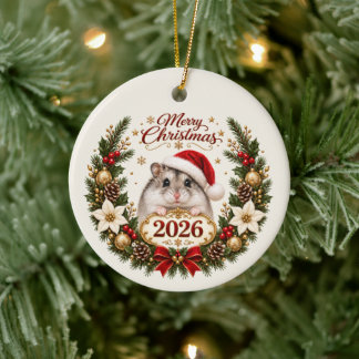 Ornamento De Cerâmica Festive Christmas Hamster in Santa Hat with 2026