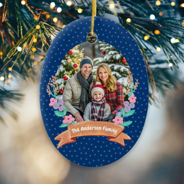 Ornamento De Cerâmica Festive Floral Wreath Marinho de Natal Foto (Criador carregado)