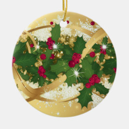 Ornamento De Cerâmica Festive Holly Ribbon — Elegant Christmas Design