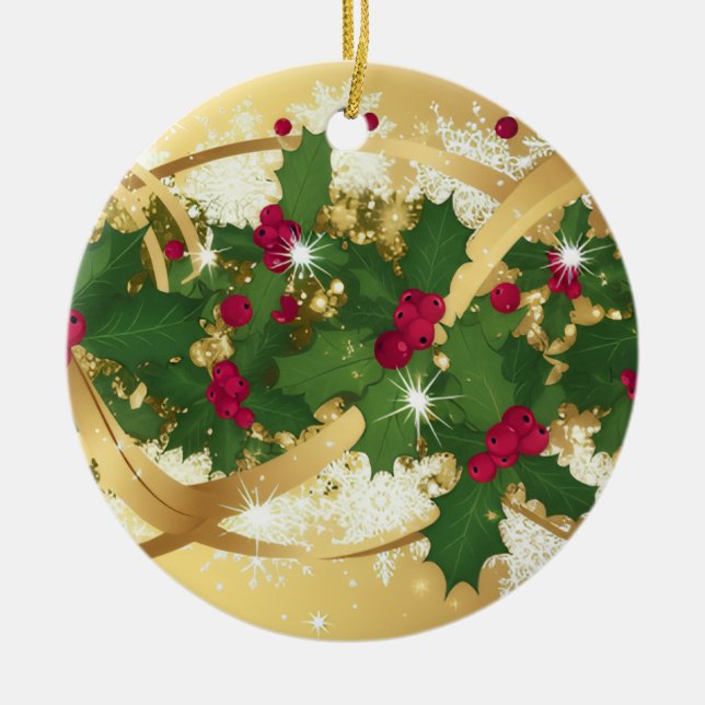 Ornamento De Cerâmica Festive Holly Ribbon — Elegant Christmas Design (Frente)