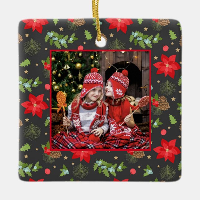 Ornamento De Cerâmica Festive Poinsettia and Berries Christmas (Frente)