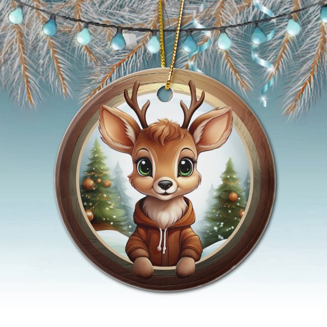 Ornamento De Cerâmica Festive Reindeer Xmas Wooden Frame Decoration 🦌🎄 (Festive Reindeer Xmas Wooden Frame Decoration Rustic Holiday Deer Christmas tree ceramic ornament 🦌)