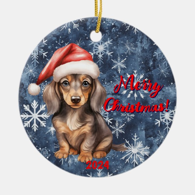 Ornamento De Cerâmica Festivo Dachshund Delight: Natal Personalizável (Frente)