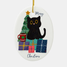 Ornamento De Cerâmica Festivo Feliz Natal Gato Negro Bonito Arte Café