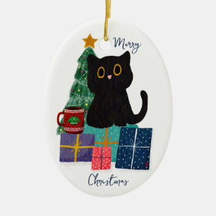 Ornamento De Cerâmica Festivo Feliz Natal Gato Negro Bonito Arte Café