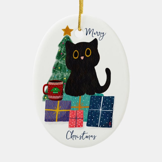 Ornamento De Cerâmica Festivo Feliz Natal Gato Negro Bonito Arte Café (Frente)