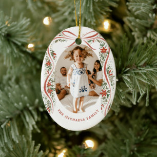 Ornamento De Cerâmica Festivo Fita Vermelha com Poinsettias e Greeneresc