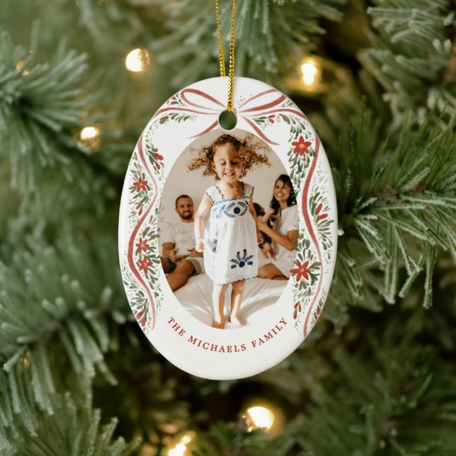 Ornamento De Cerâmica Festivo Fita Vermelha com Poinsettias e Greeneresc (Árvore)