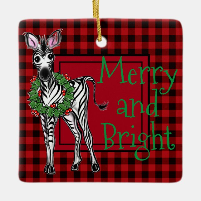 Ornamento De Cerâmica Festivo Foliday Zebra Holly Wreath | búfalo vermel (Frente)