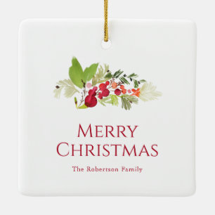Ornamento De Cerâmica Festivo Holly Berry e Evergreen Watercolor