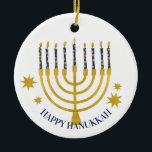 Ornamento De Cerâmica Festivo Menorah Candles Happy Hanukkah<br><div class="desc">Velas de folha de ouro falsa para a comemoração de Chanucá. A ilustração menorah Whimsical com estrelas brancas cobria velas celestiais em um falso suporte de velas menorah dourada. Menorah starry Hanukkah ilustrou presentes de design e produtos de papel.</div>