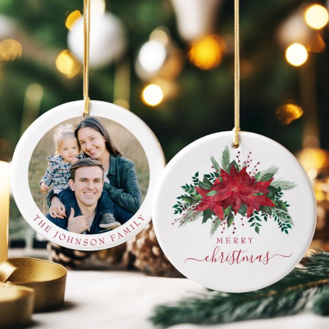 Ornamento De Cerâmica Festivo Poinsettia Foto de Natal (Festive Poinsettia Photo Christmas Ceramic Ornament)