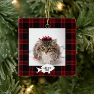 Ornamento De Cerâmica Festivo Red Buffalo Xadrez Cat Nome Natal