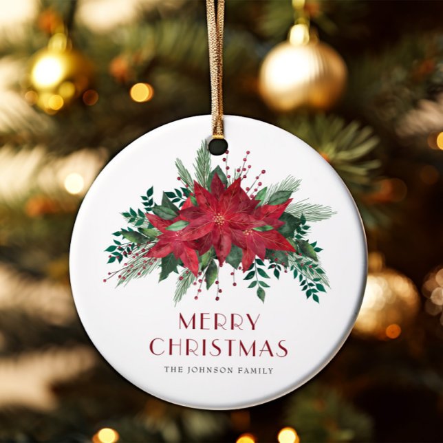 Ornamento De Cerâmica Festivo Red Poinsettia Floral Feliz Natal (Festive Red Poinsettia Floral Merry Christmas Ceramic Ornament)