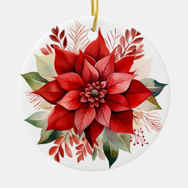 Ornamento De Cerâmica Festivo Red Watercolor Natal Poinsettia (Frente)