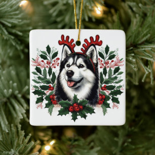 Ornamento De Cerâmica Festivo Reindeer Siberian Husky Dog Natal