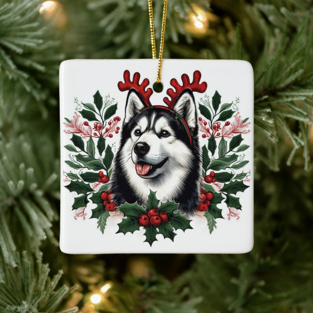 Ornamento De Cerâmica Festivo Reindeer Siberian Husky Dog Natal (Árvore)