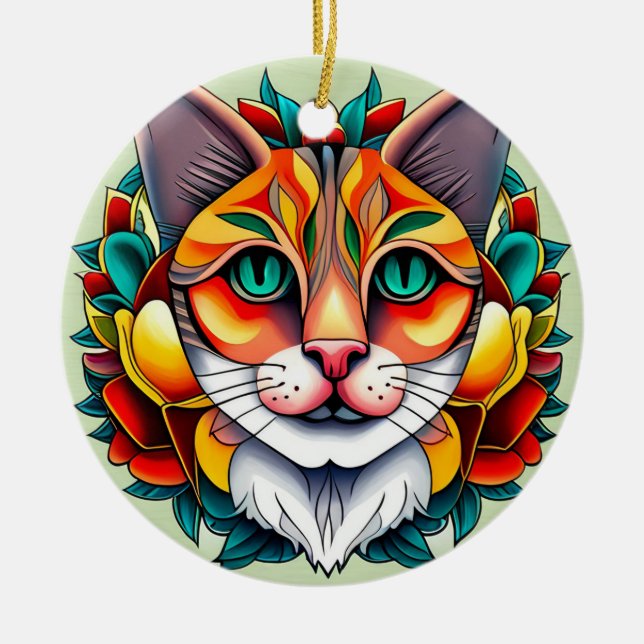Ornamento De Cerâmica Fiesta Feline: Gato Mexicano Estimulado por Arte F (Frente)