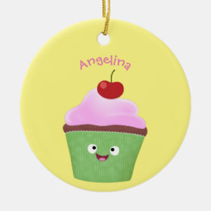 Ornamento De Cerâmica Figura de desenho animado de cupcake feliz