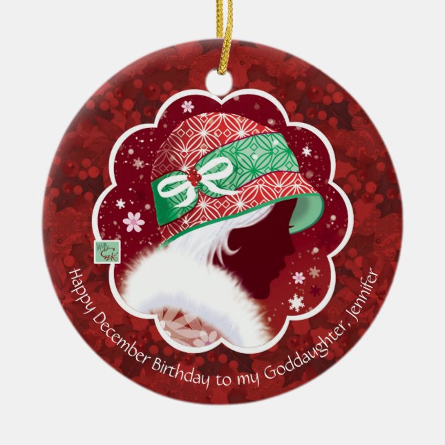 Ornamento De Cerâmica Filha, Aniversário de Dezembro, Rapariga de Chapéu (Frente)