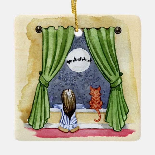 Ornamento De Cerâmica Filha e Gatinho de Véspera de Natal Bonito (Frente)