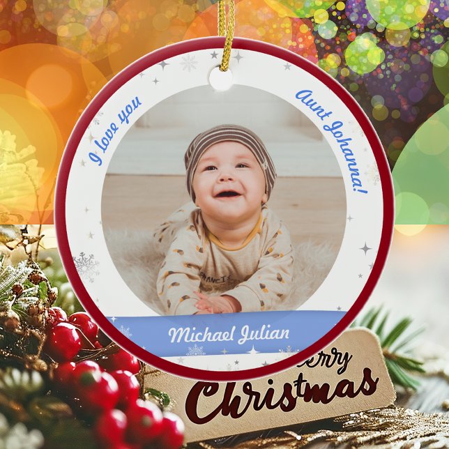 Ornamento De Cerâmica Filha Moderna 2 Foto Bebê Menino Primeiro Tia de N (Modern Elegant Cute First Christmas Baby I love you Auntie Name 2 Photos Snowflakes Stars Red Frame)
