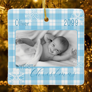 Ornamento De Cerâmica Filhinho, xadrez azul, floco de neve primeiro Nata