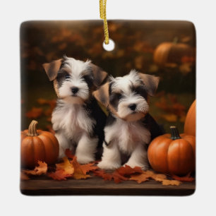 Ornamento De Cerâmica Filhote de Biewer Terrier Outono Prazer Abóbora