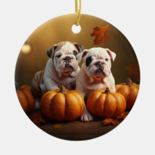 Ornamento De Cerâmica Filhote de Bulldog Outono Prazer Abóbora