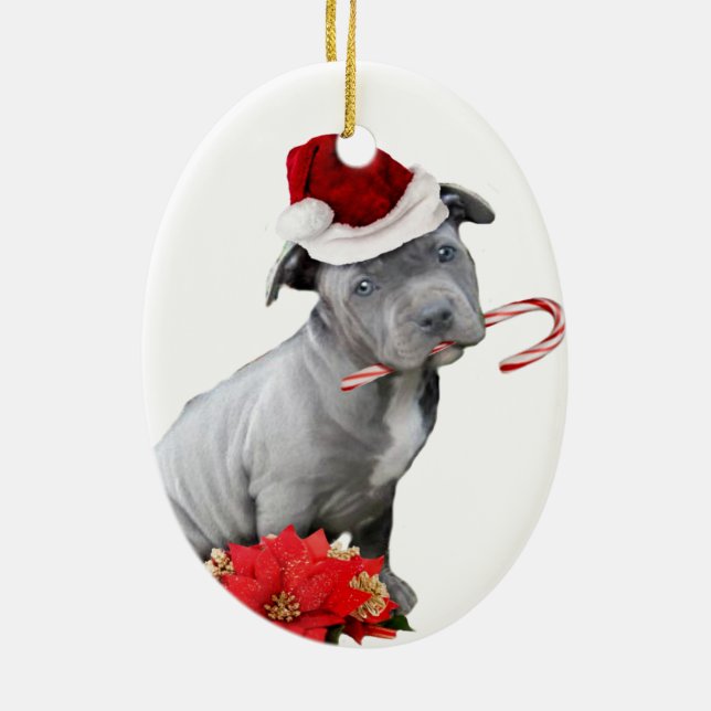 Ornamento De Cerâmica Filhote de cachorro do pitbull do Natal (Verso)