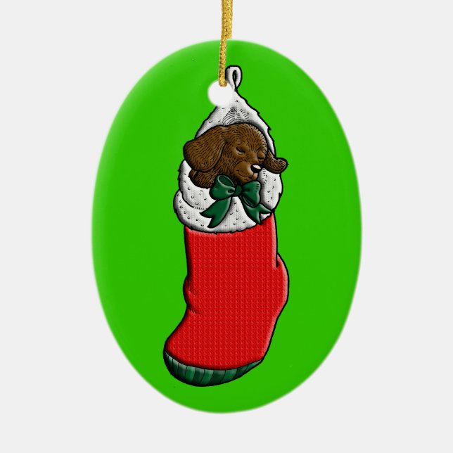 Ornamento De Cerâmica Filhote de cachorro do sono na meia do Natal (Frente)