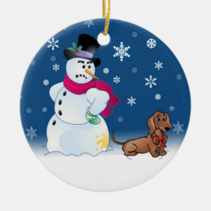 Ornamento De Cerâmica Filhote de cachorro e boneco de neve de Daschund