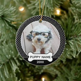 Ornamento De Cerâmica Filhote de Cachorro Natal Foto Bolinhas Preto