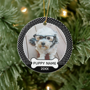 Ornamento De Cerâmica Filhote de Cachorro Natal Foto Bolinhas Preto