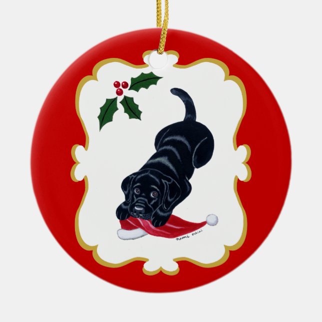 Ornamento De Cerâmica Filhote de cachorro preto personalizado do (Frente)
