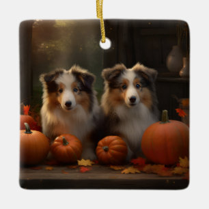 Ornamento De Cerâmica Filhote de Collie Áspero Delícia de Outono Abóbora
