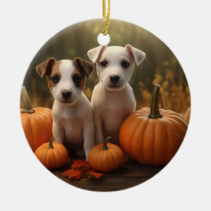 Ornamento De Cerâmica Filhote de Jack Russell Outono Prazer Abóbora