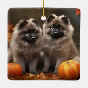 Ornamento De Cerâmica Filhote de Keeshond Outono Prazer Abóbora