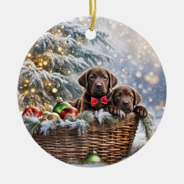 Ornamento De Cerâmica Filhote de Labrador Chocolate Natal Festa (Frente)