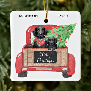 Ornamento De Cerâmica Filhote de Labrador Preto Caminhão Vermelho Vintag